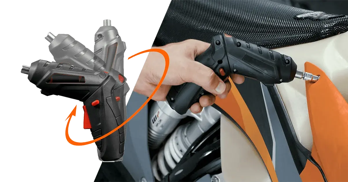 Hand using the driver on a panel, with a diagram of the pivoting head.
