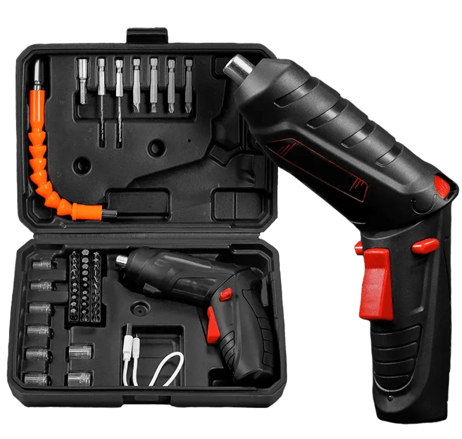 Open bit case beside a black and red cordless driver.